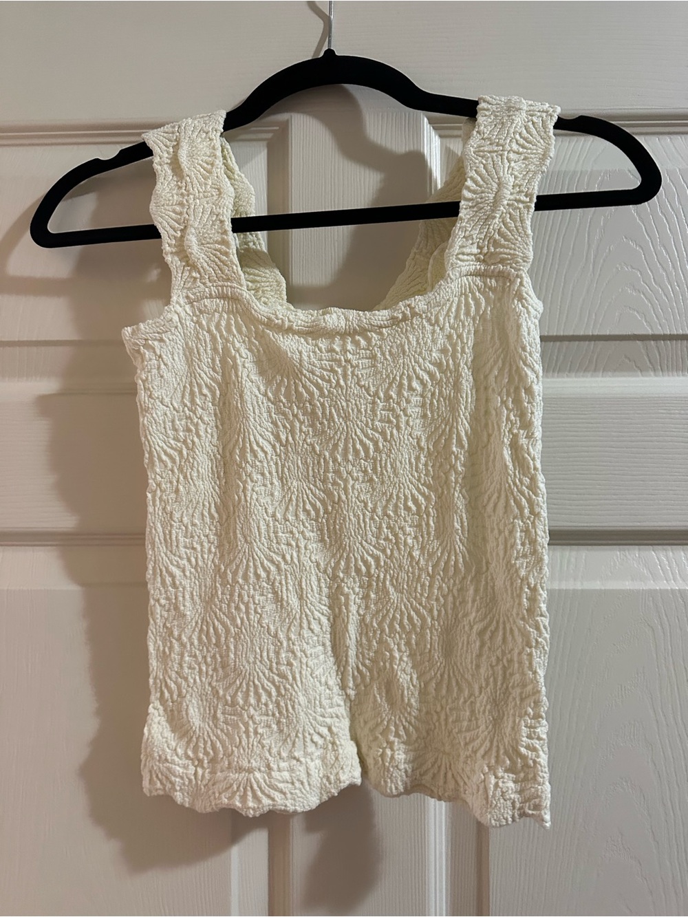 Free People Cream Textured Square-Neck Tank with Scalloped Hem